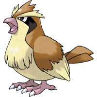 Imagen de Pidgey, Pokemon pájaro parecido a un gorrión, de color marrón, barriga y punta de alas blanco amarillento, y zona negra debajo de los ojos.